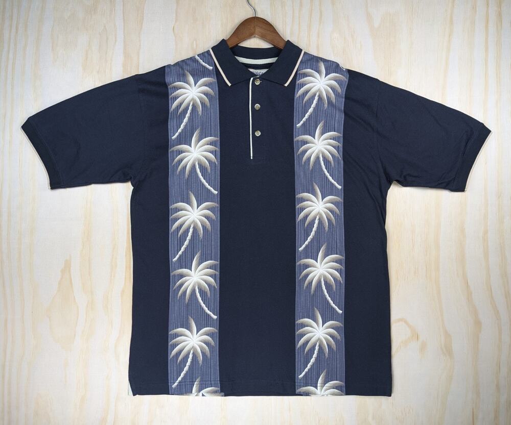 Bamboo Cay Men's Large NWT Black Palm Tree Panel Tropical Resort Polo Shirt